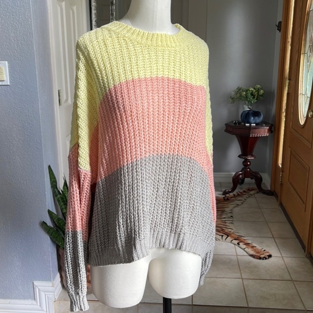 She + Sky color blocking open weave sweater yellow gray and peach drop Shoulder